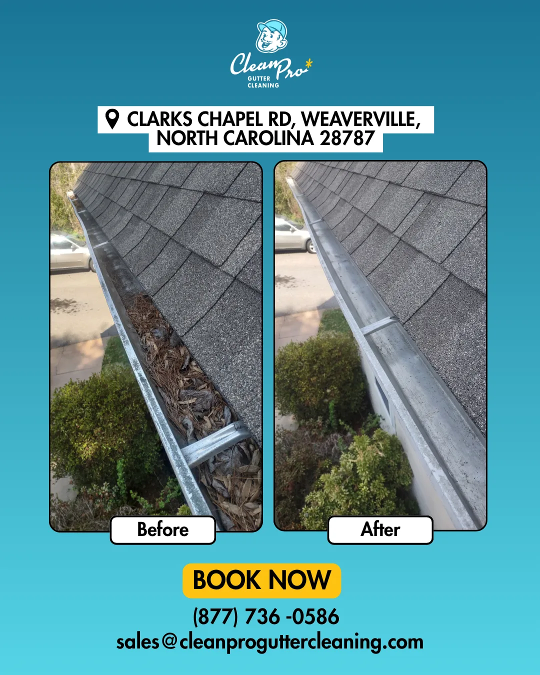 Before and after gutter cleaning on Clarks Chapel Rd, Weaverville, NC