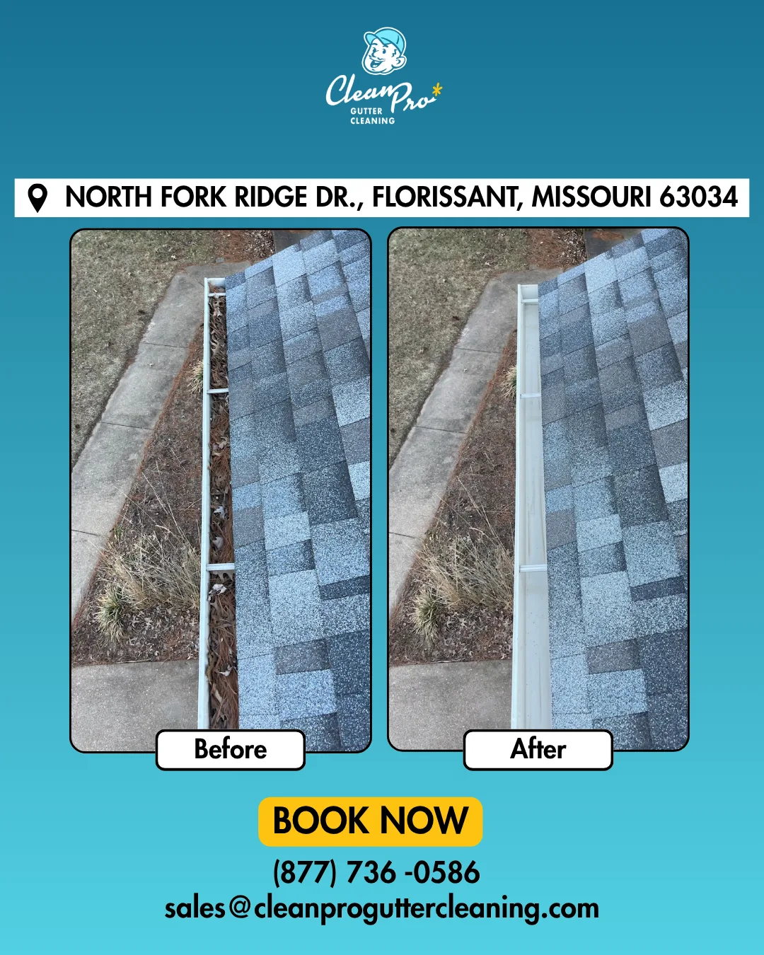 Before and after gutter cleaning on North Fork Ridge Dr, Florissant, MO