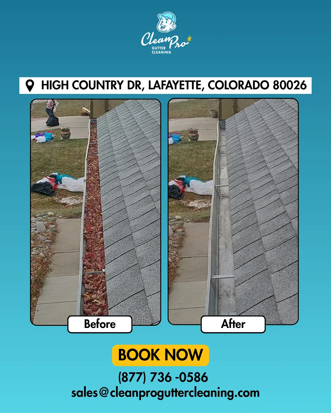 Before and after gutter cleaning on High Country Dr, Lafayette, CO
