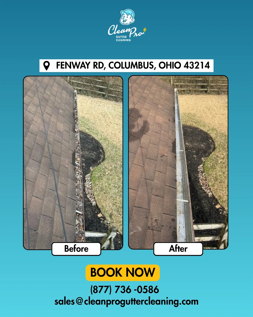 Before and after gutter cleaning on Fenway Rd, Columbus, OH