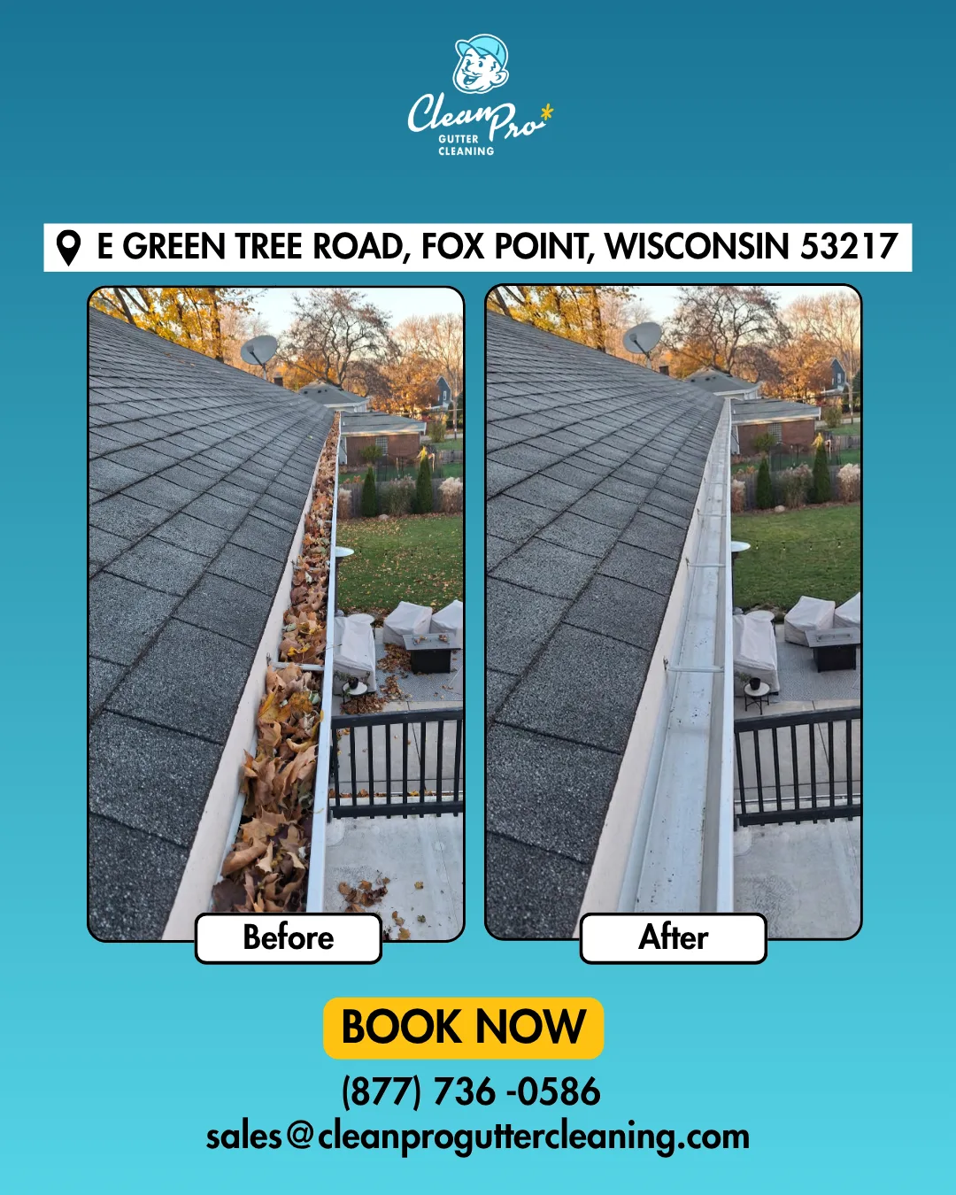 Before and after gutter cleaning on E Green Tree Road, Fox Point, WI