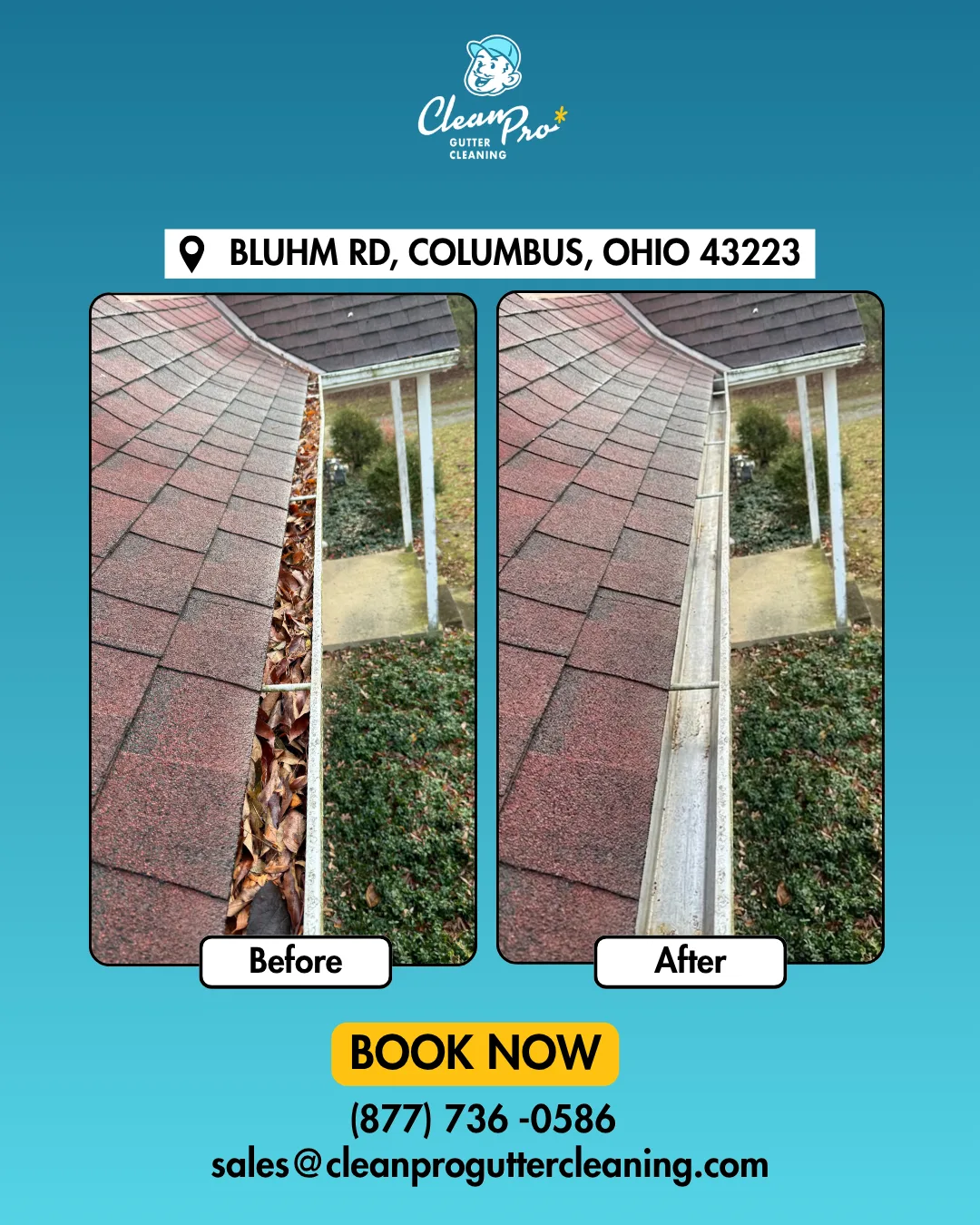 Before and after gutter cleaning on Bluhm Rd, Columbus, OH