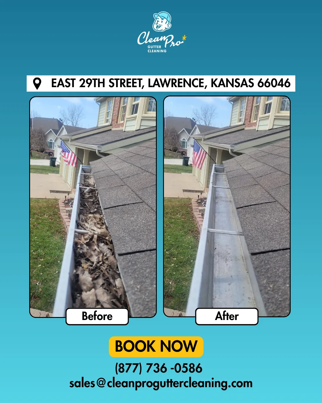 Before and after gutter cleaning on East 29th Street, Lawrence, KS
