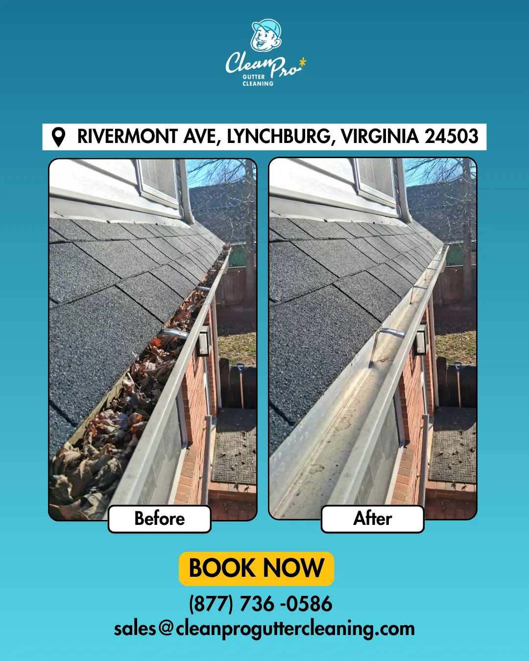 Before and after gutter cleaning on Rivermont Ave, Lynchburg, VA