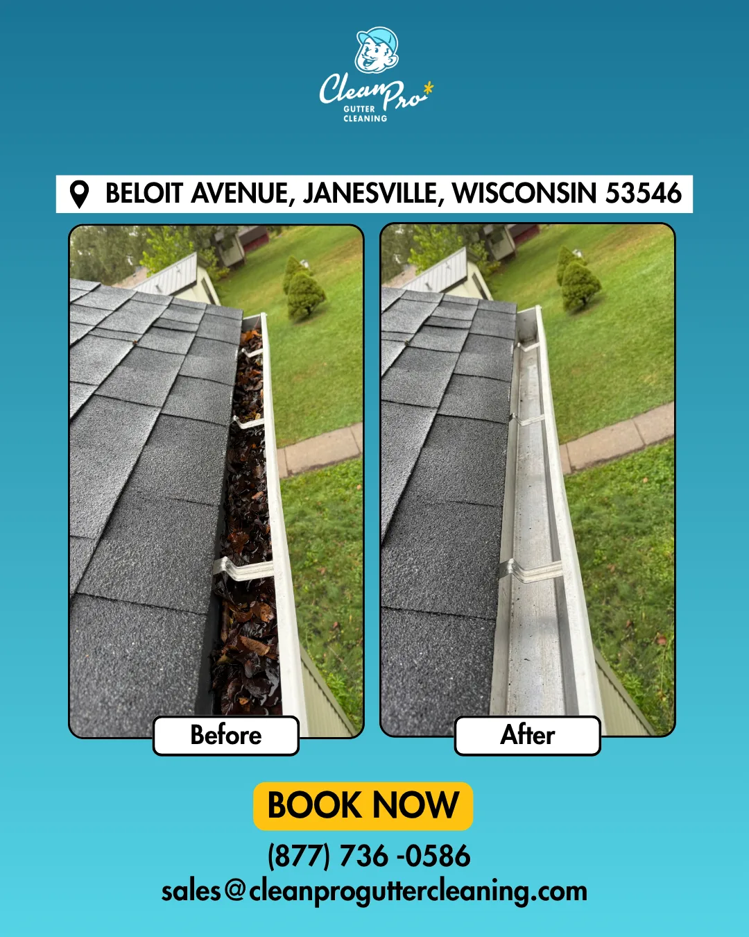 Before and after gutter cleaning on Beloit Avenue, Janesville, WI