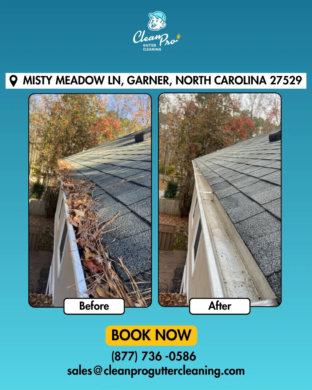 Before and after gutter cleaning on Misty Meadow Ln, Garner, NC