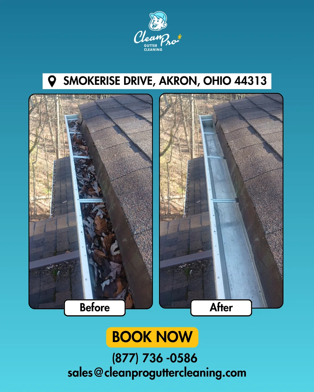 Before and after gutter cleaning on Smokerise Drive, Akron, OH