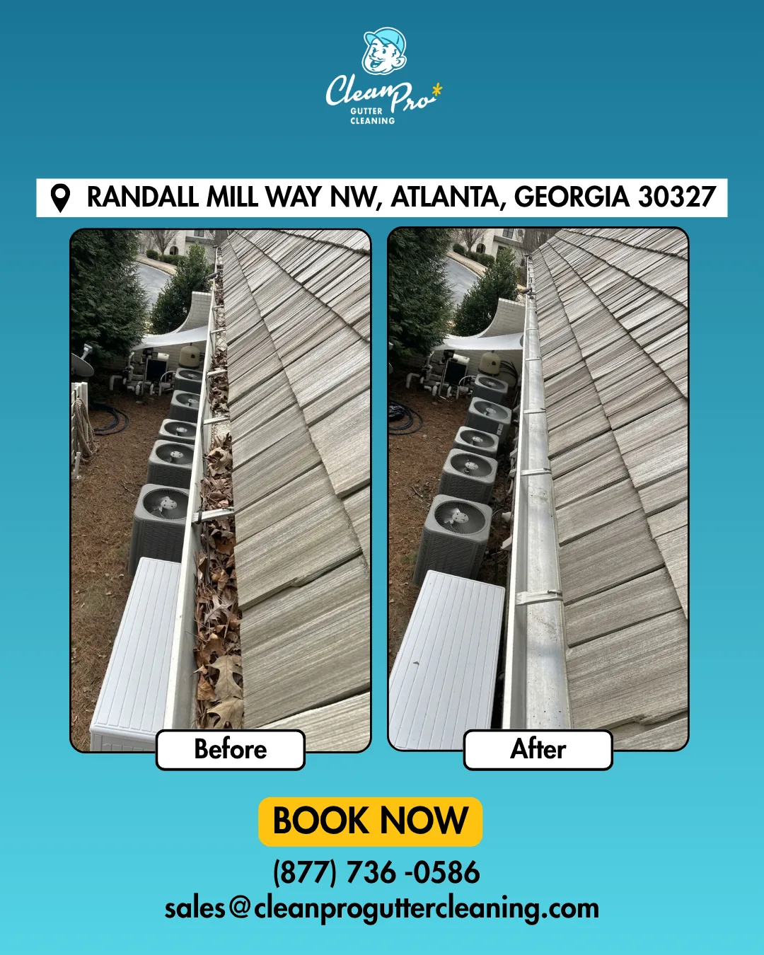 Before and after gutter cleaning on Randall Mill Way NW, Atlanta, GA