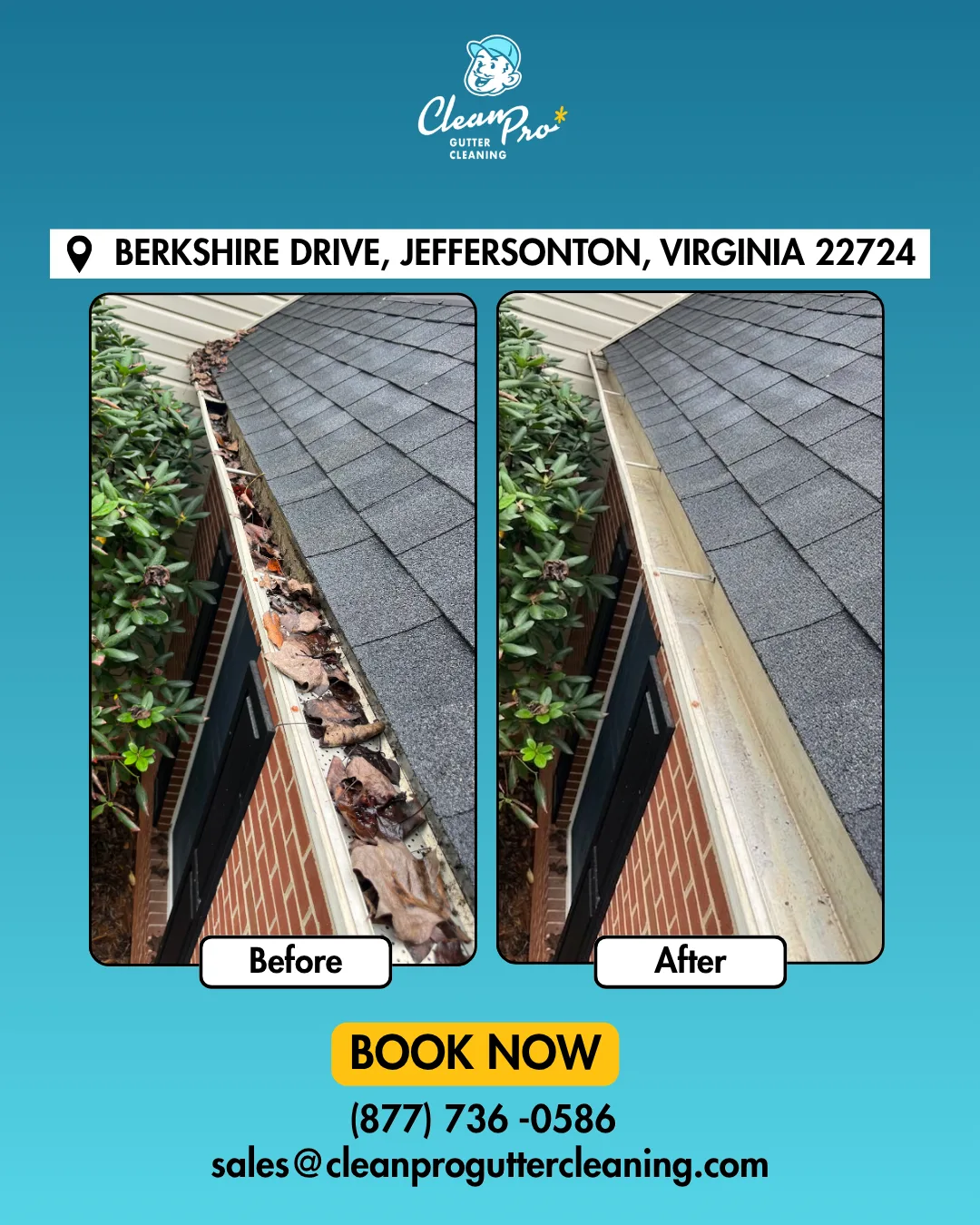 Before and after gutter cleaning on Berkshire Drive, Jeffersonton, VA