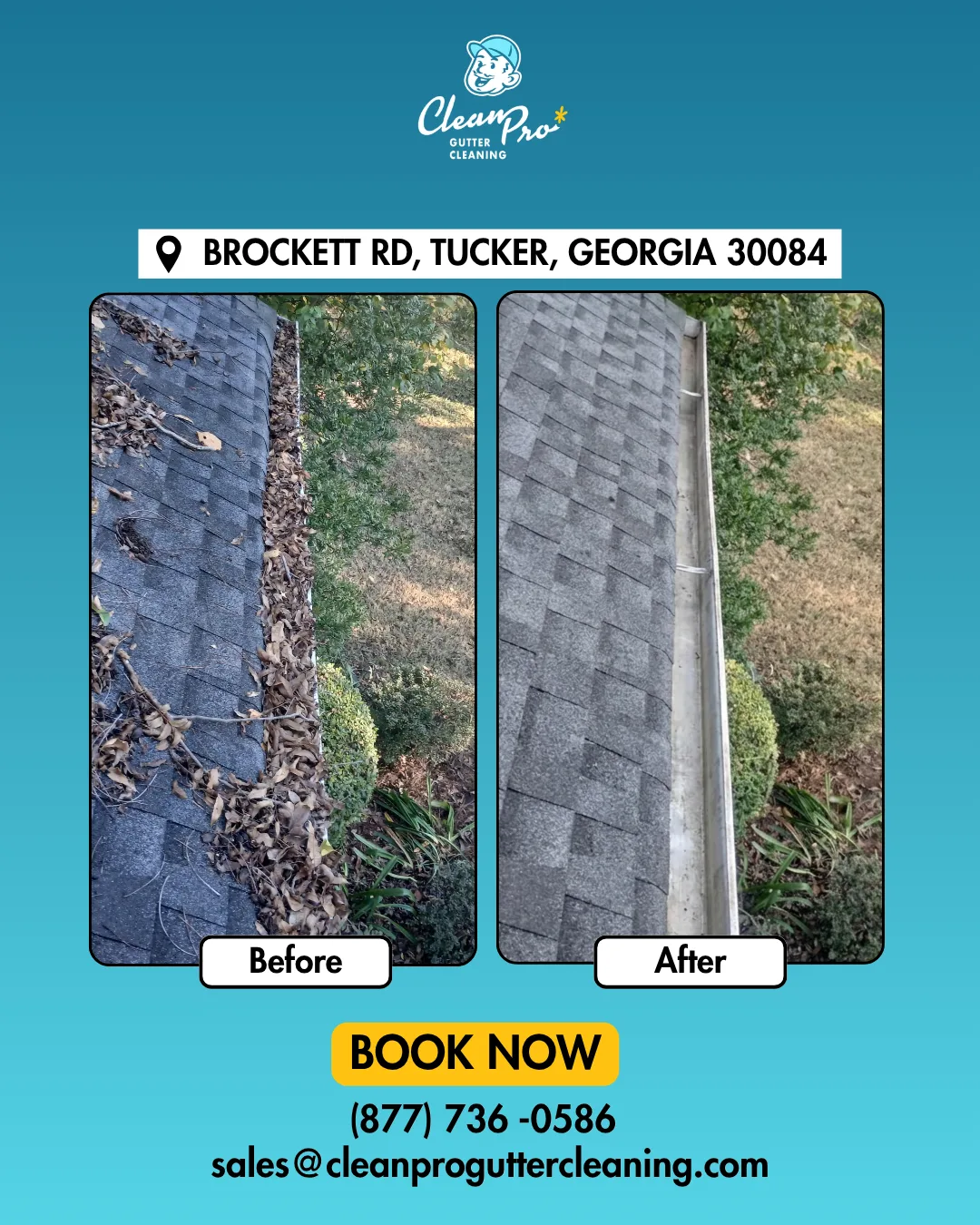 Before and after gutter cleaning on Brockett Rd, Tucker, GA