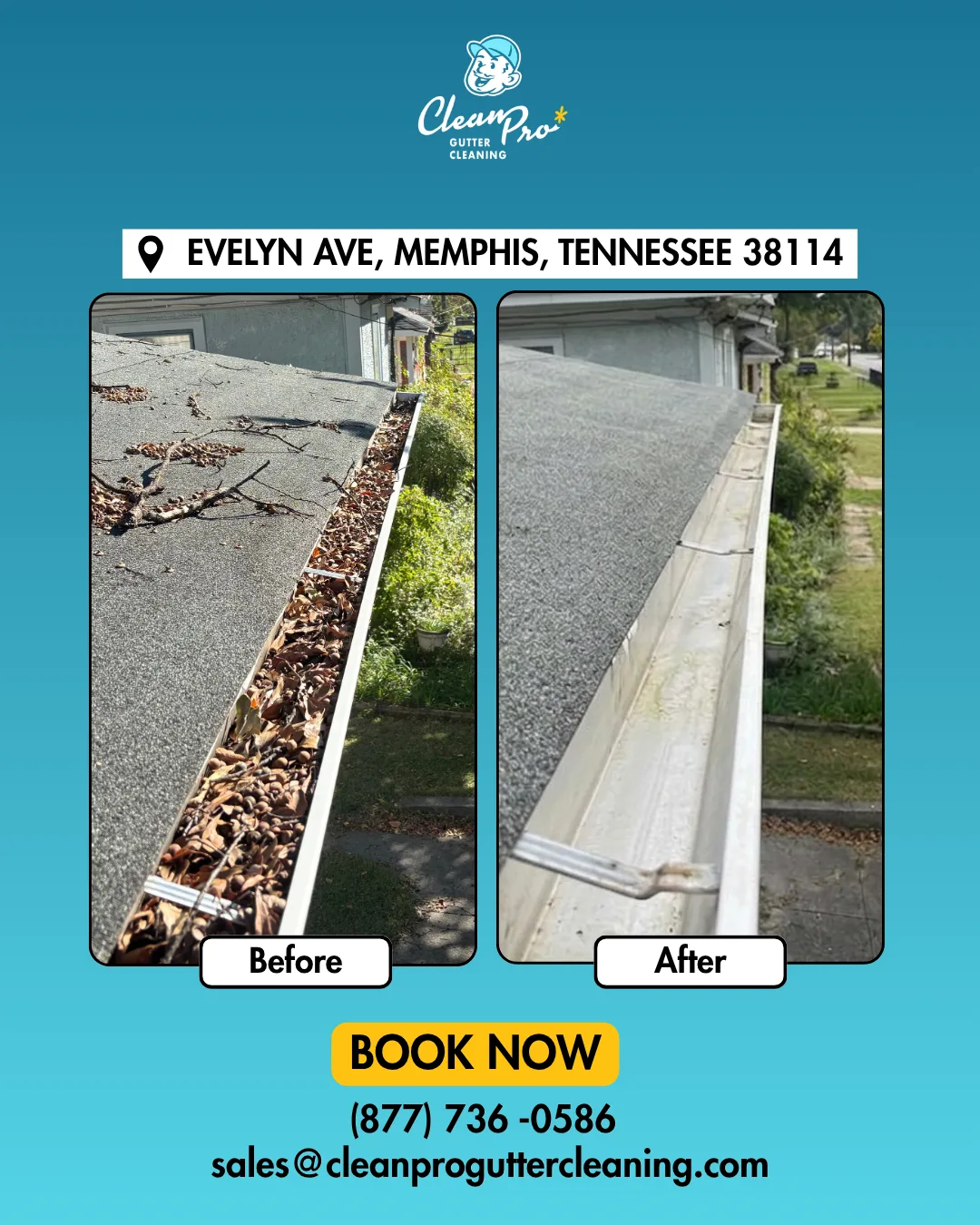Before and after gutter cleaning on Evelyn Ave, Memphis, TN
