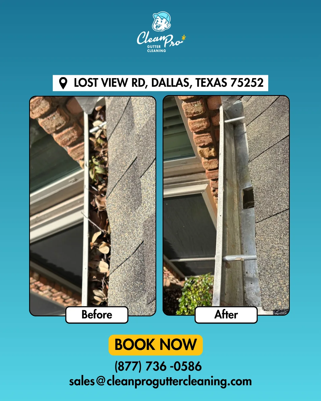 Before and after gutter cleaning on Lost View Rd, Dallas, TX