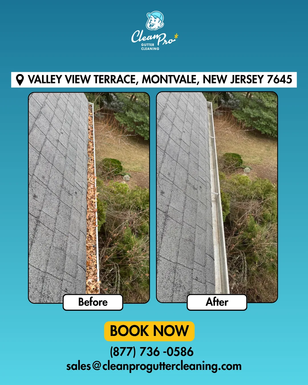 Before and after gutter cleaning on Valley View Terrace, Montvale, NJ