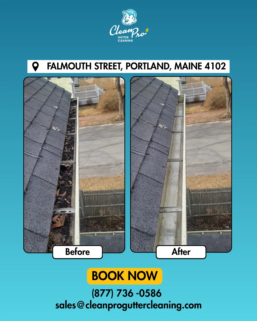 Before and after gutter cleaning on Falmouth Street, Portland, ME