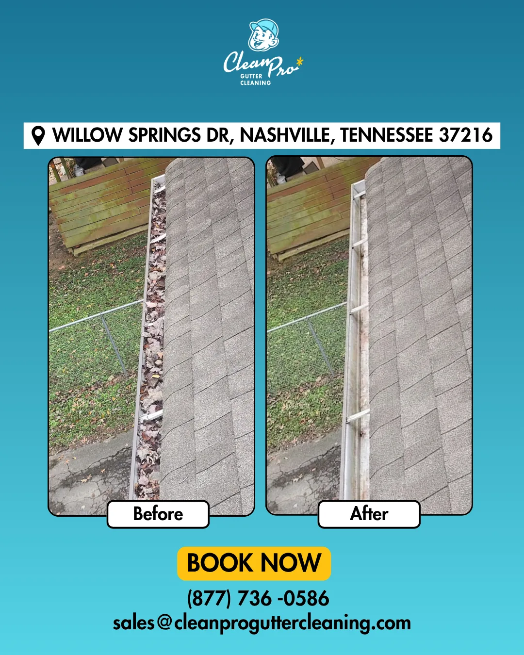 Before and after gutter cleaning on Willow Springs Dr, Nashville, TN