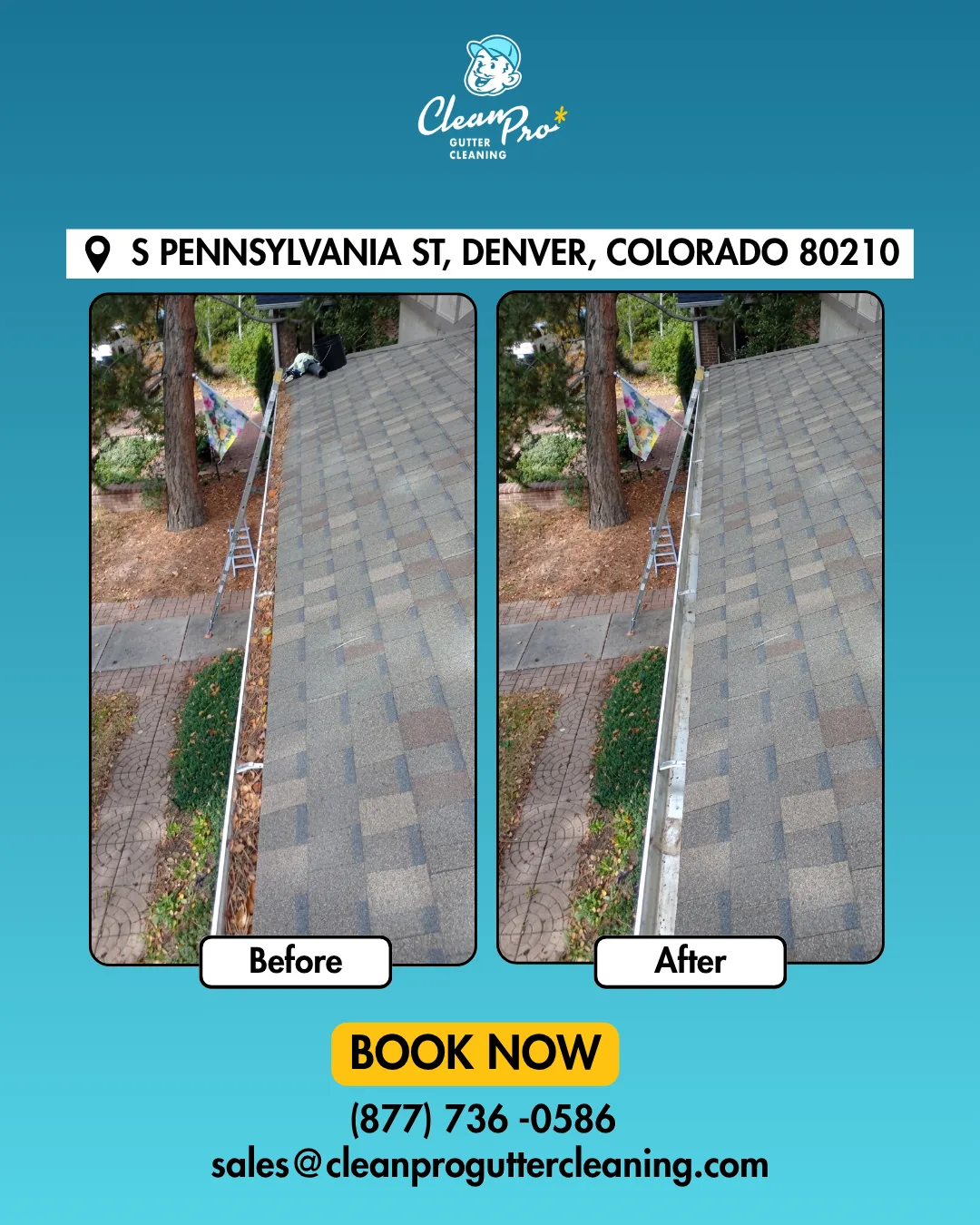 Before and after gutter cleaning on S Pennsylvania St, Denver, CO