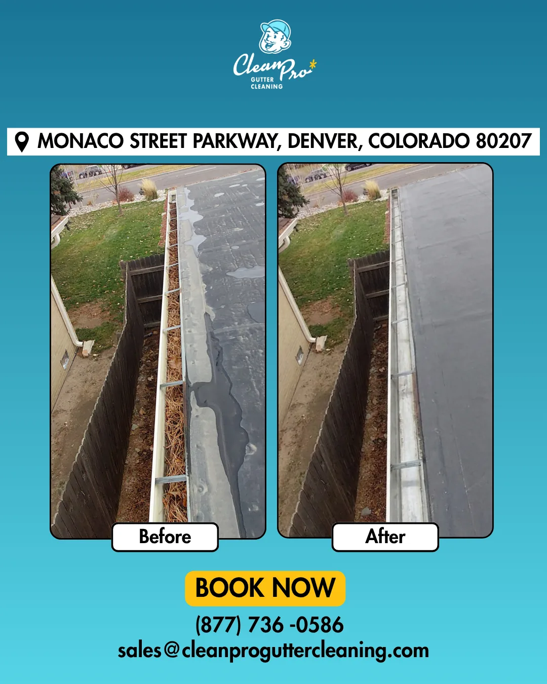 Before and after gutter cleaning on Monaco Street Parkway, Denver, CO