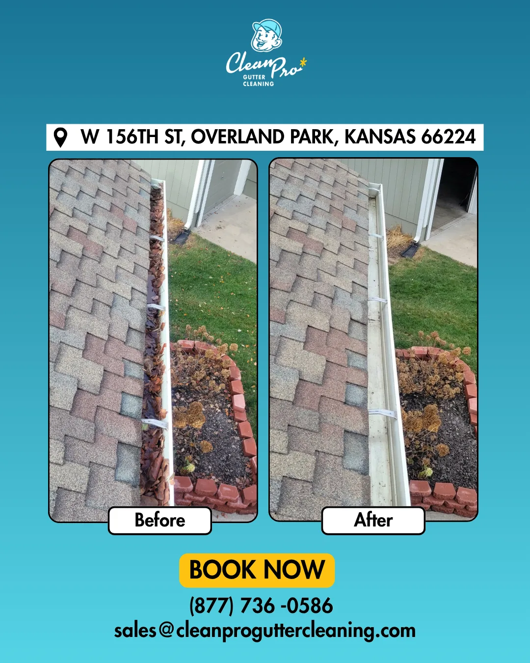 Before and after gutter cleaning on W 156Th St, Overland Park, KS