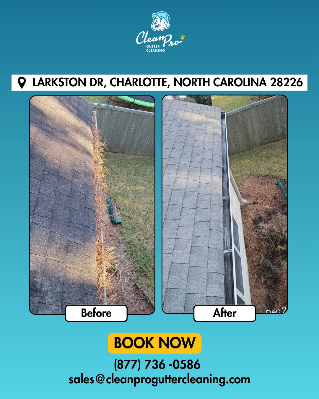Before and after gutter cleaning on Larkston Dr, Charlotte, NC