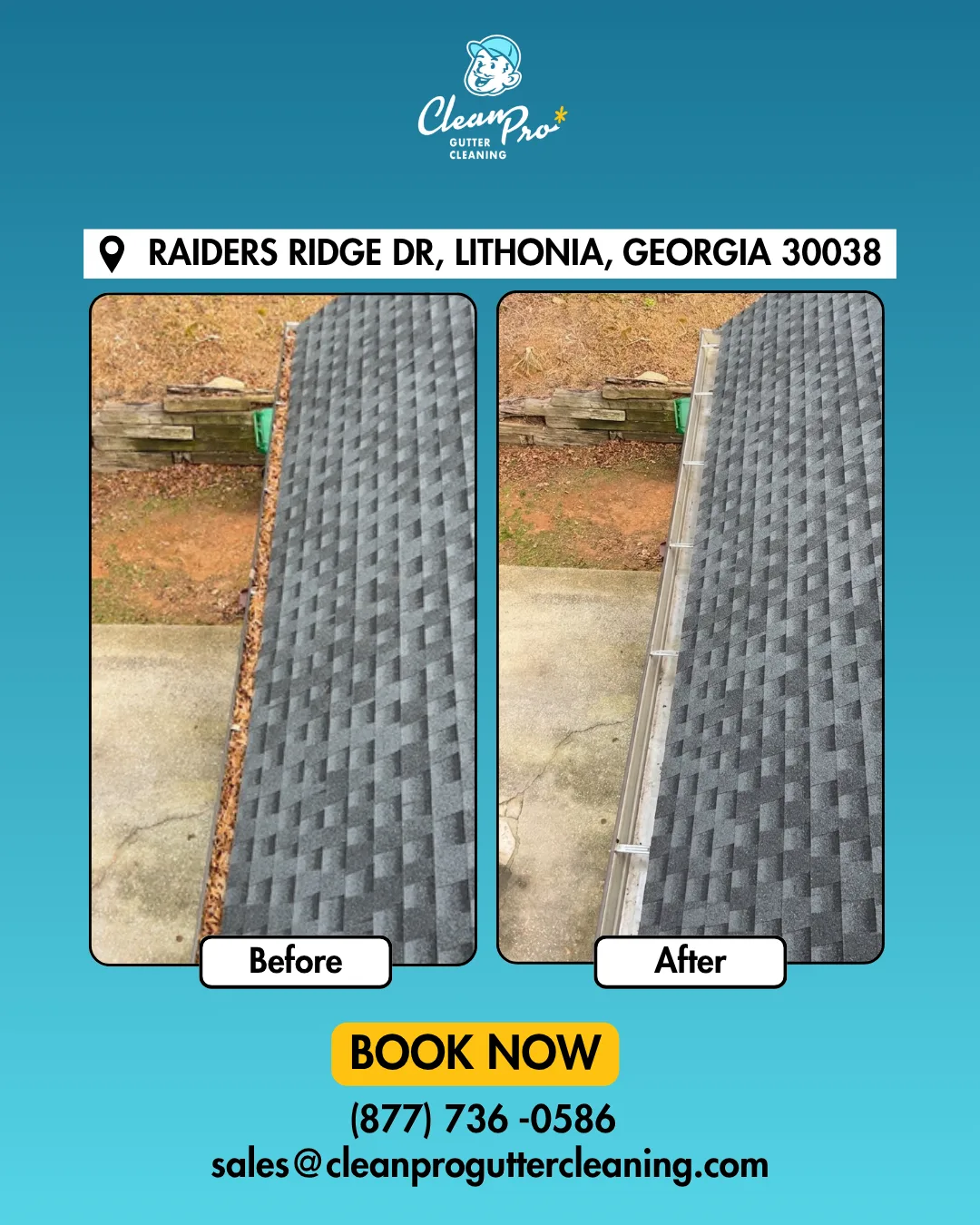 Before and after gutter cleaning on Raiders Ridge Dr, Lithonia, GA