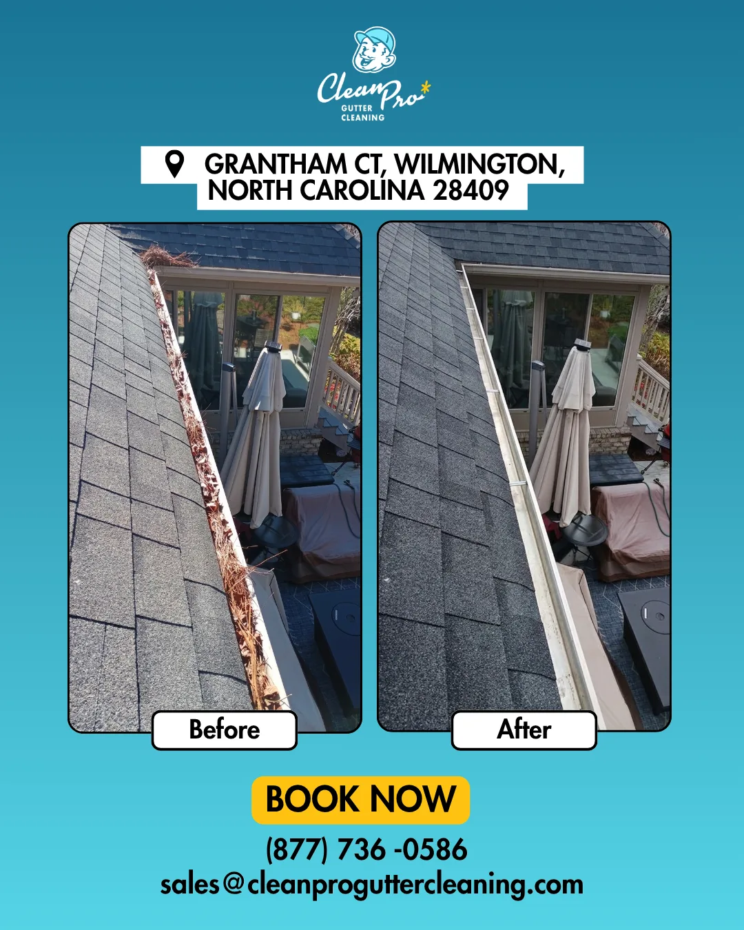 Before and after gutter cleaning on Grantham Ct, Wilmington, NC