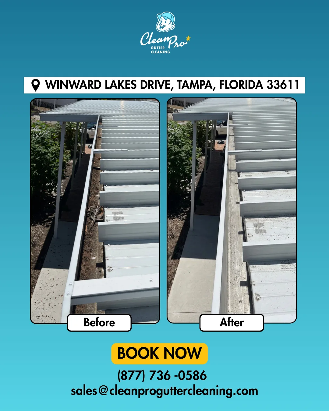 Before and after gutter cleaning on Winward Lakes Drive, Tampa, FL