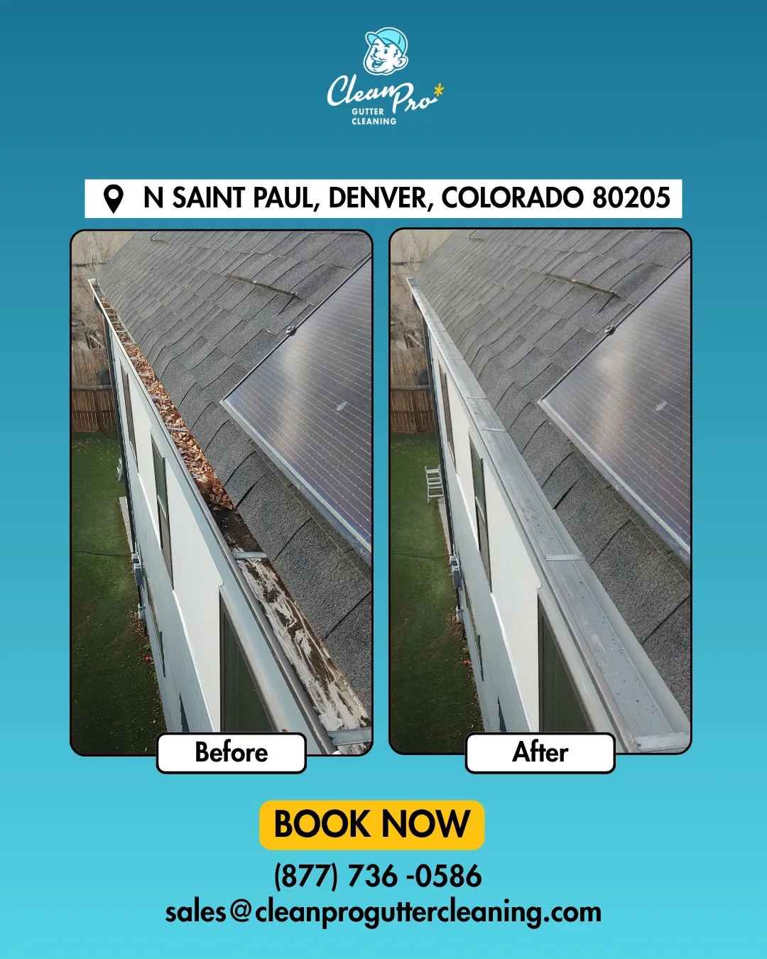 Before and after gutter cleaning on N Saint Paul, Denver, CO
