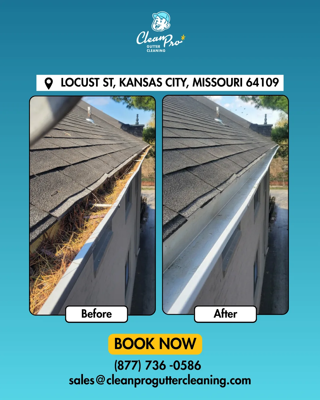 Before and after gutter cleaning on Locust St, Kansas City, MO