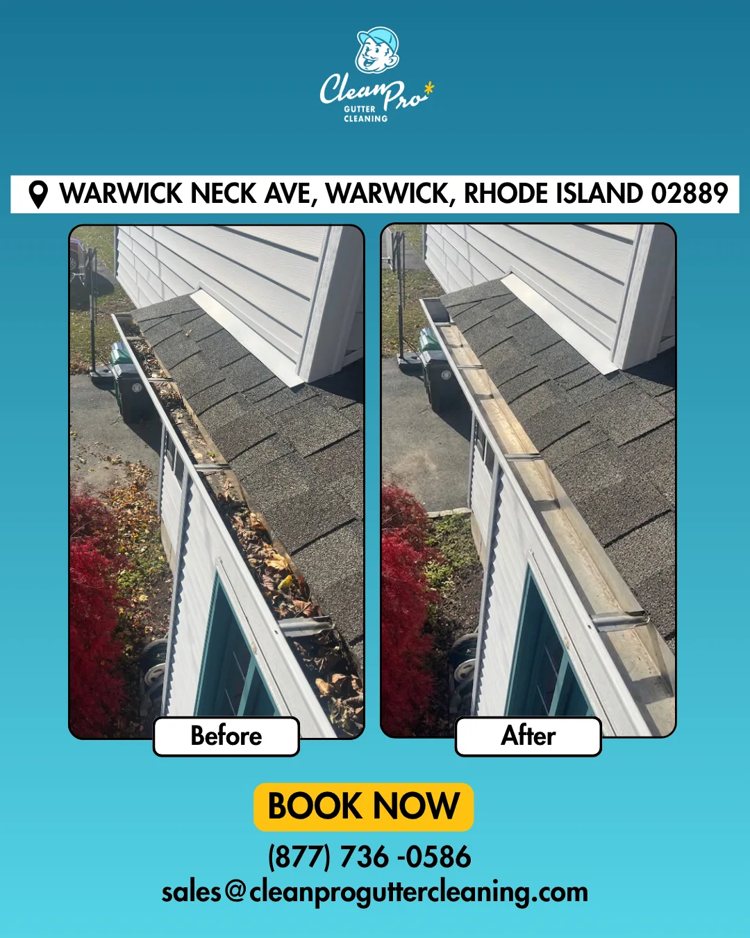 Before and after gutter cleaning on Warwick Neck Ave, Warwick, RI