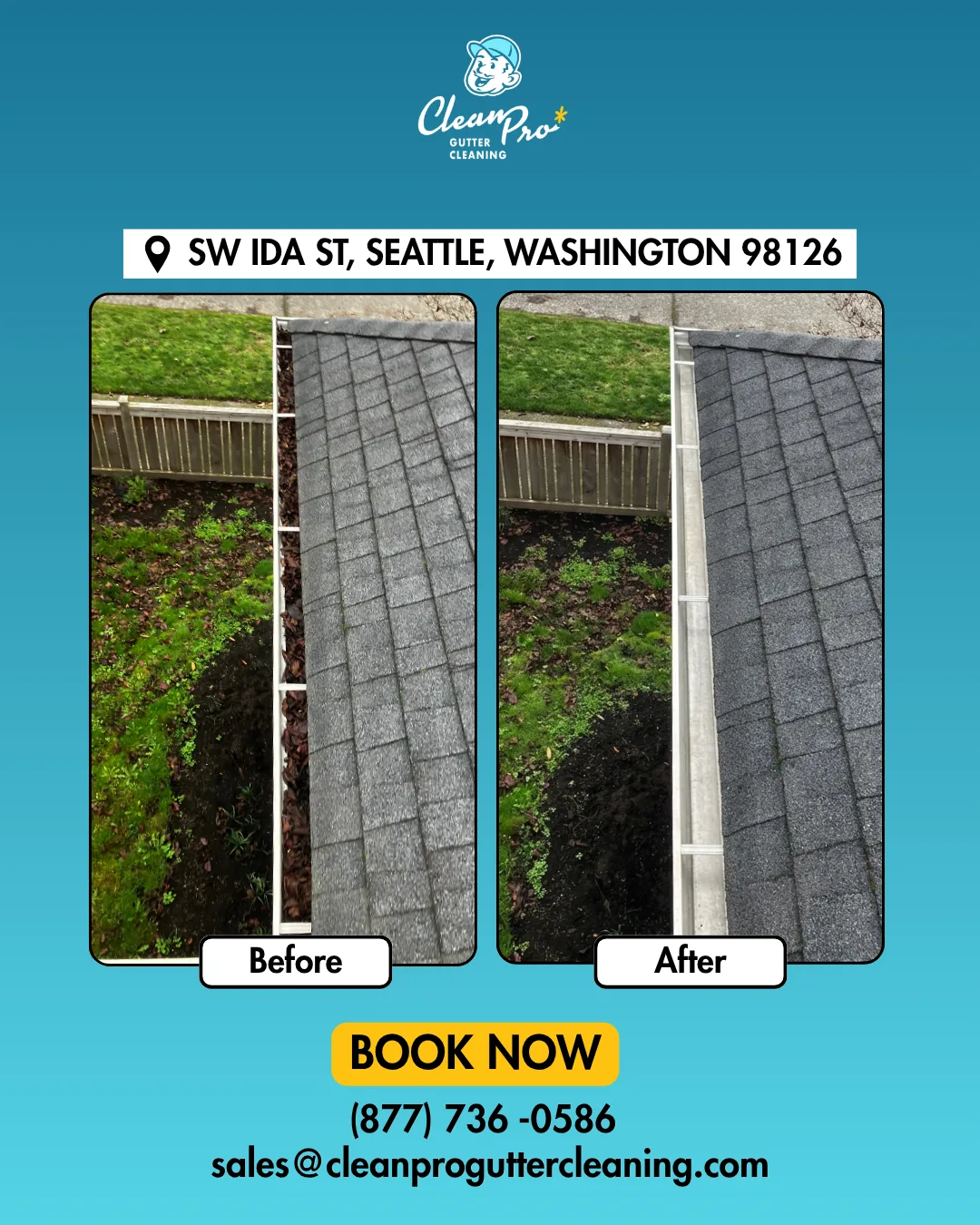 Before and after gutter cleaning on Sw Ida St, Seattle, WA