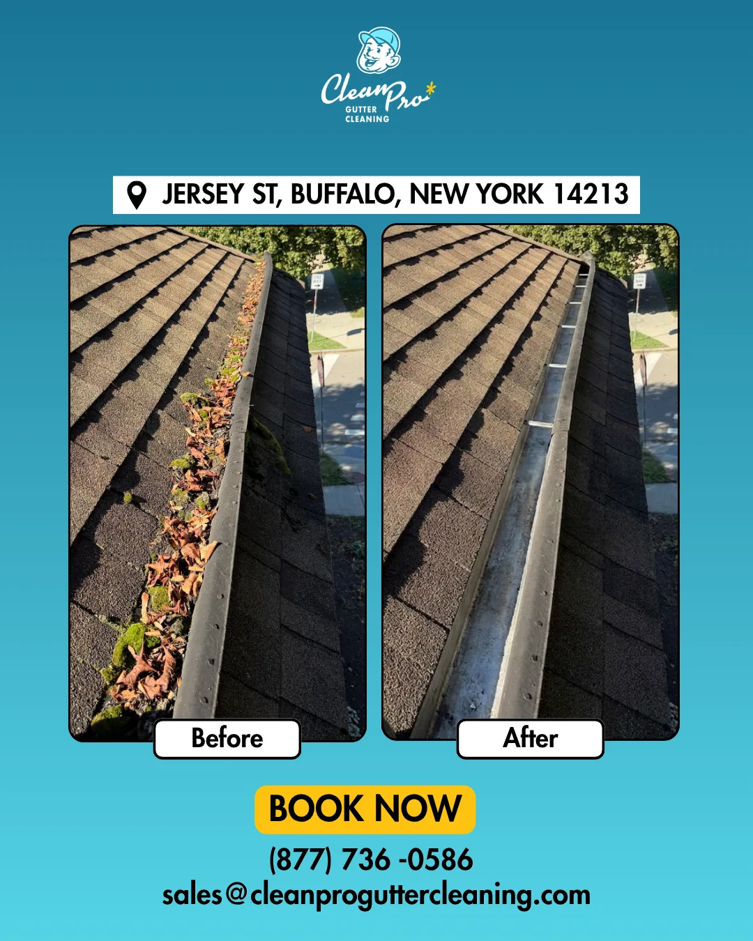 Before and after gutter cleaning on Jersey St, Buffalo, NY
