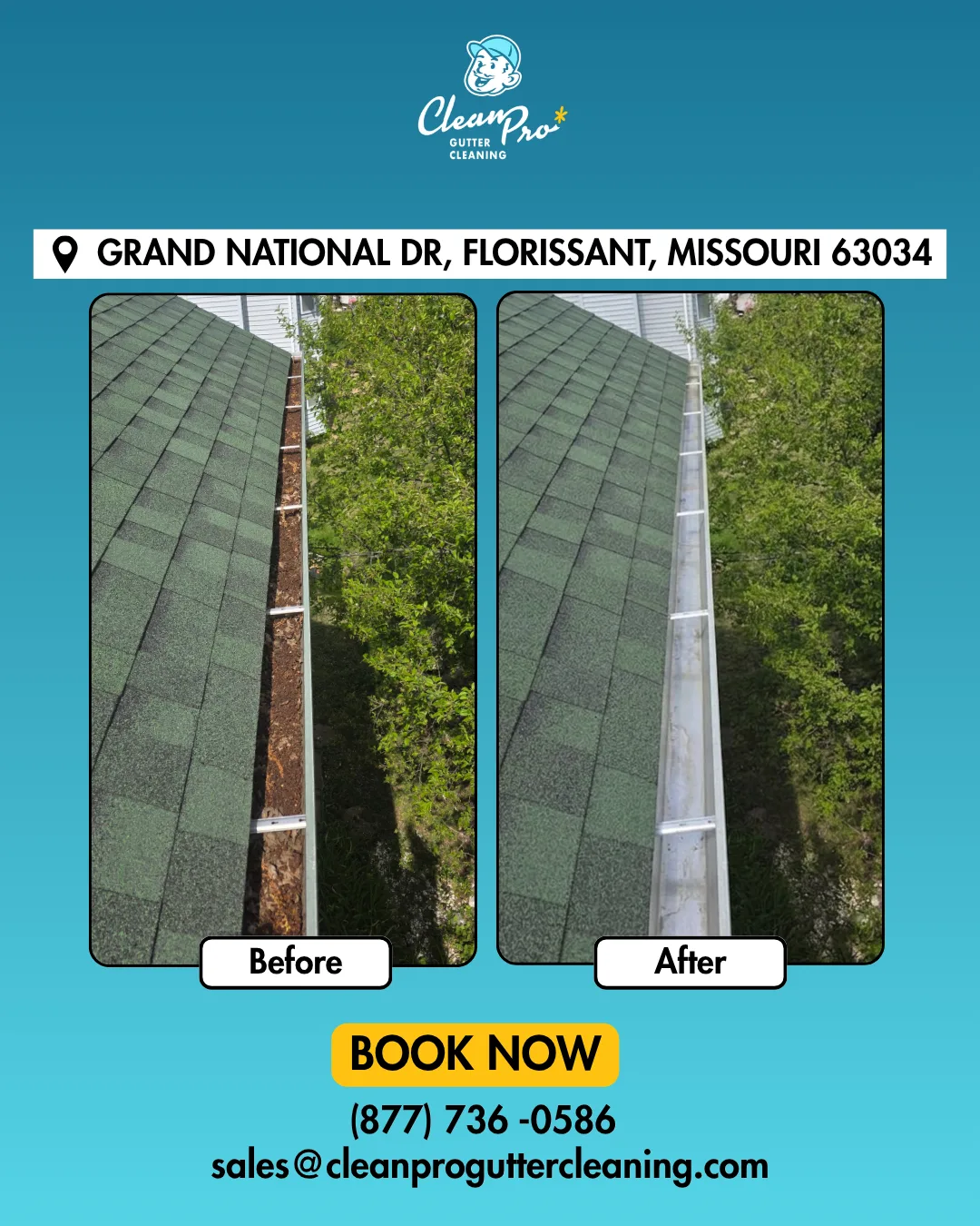 Before and after gutter cleaning on Grand National Dr, Florissant, MO