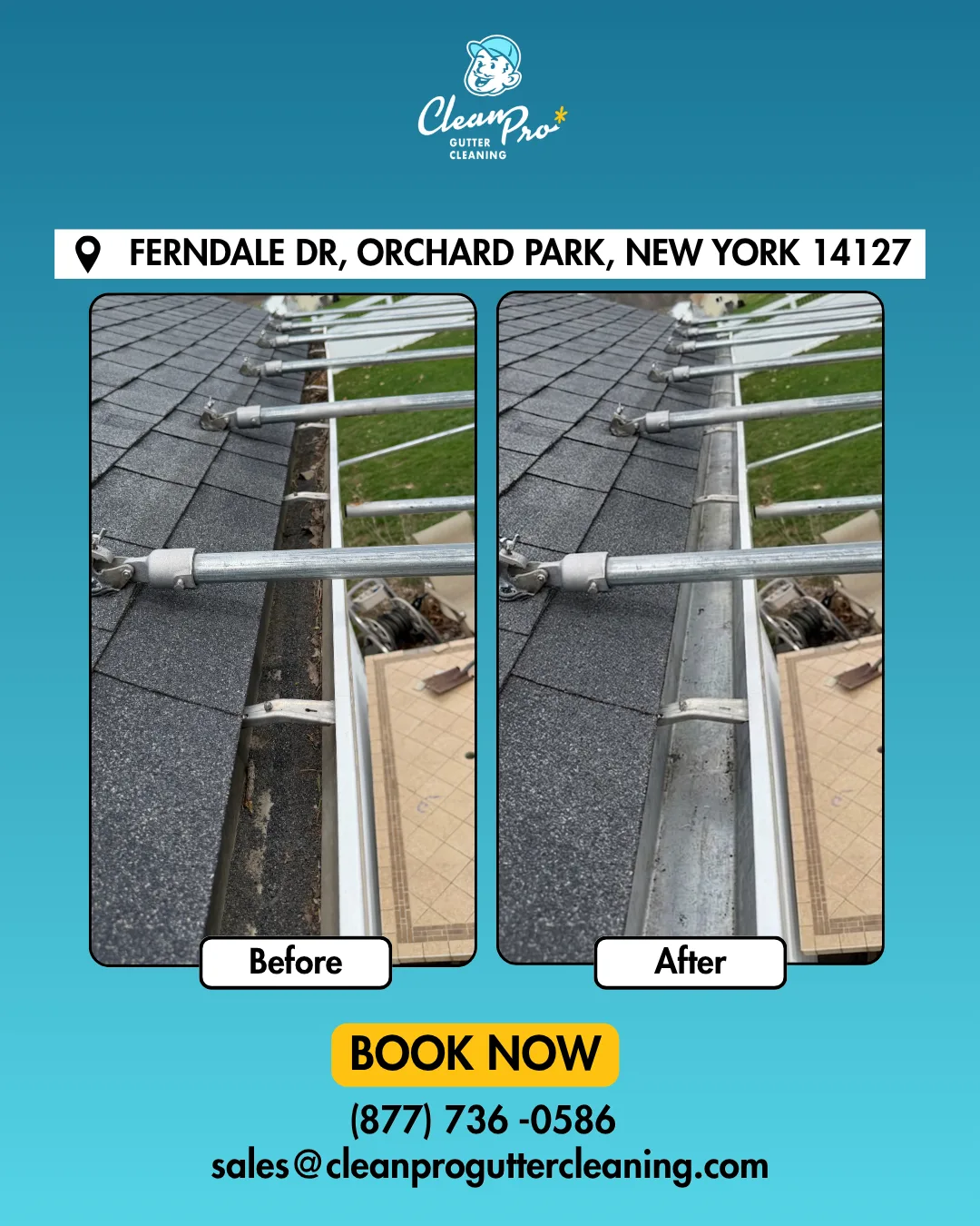 Before and after gutter cleaning on Ferndale Dr, Orchard Park, NY