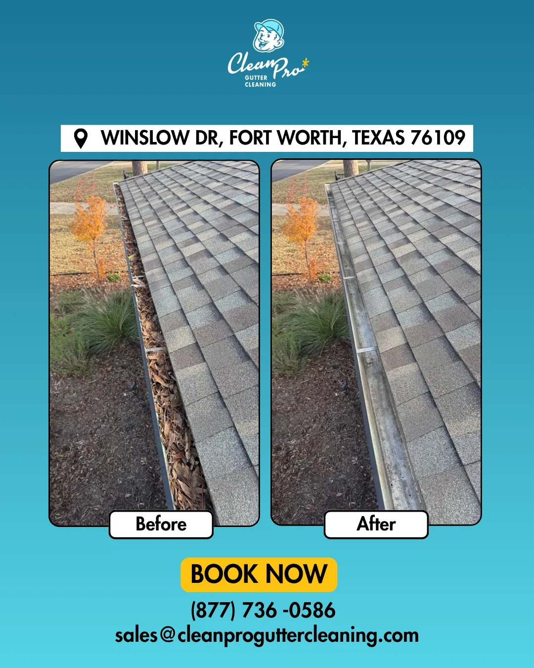 Before and after gutter cleaning on Winslow Dr, Fort Worth, TX