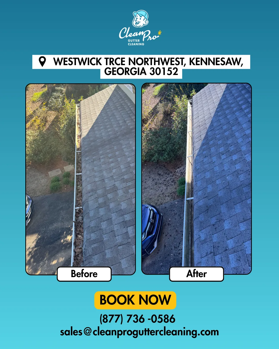Before and after gutter cleaning on Westwick Trce Northwest, Kennesaw, GA