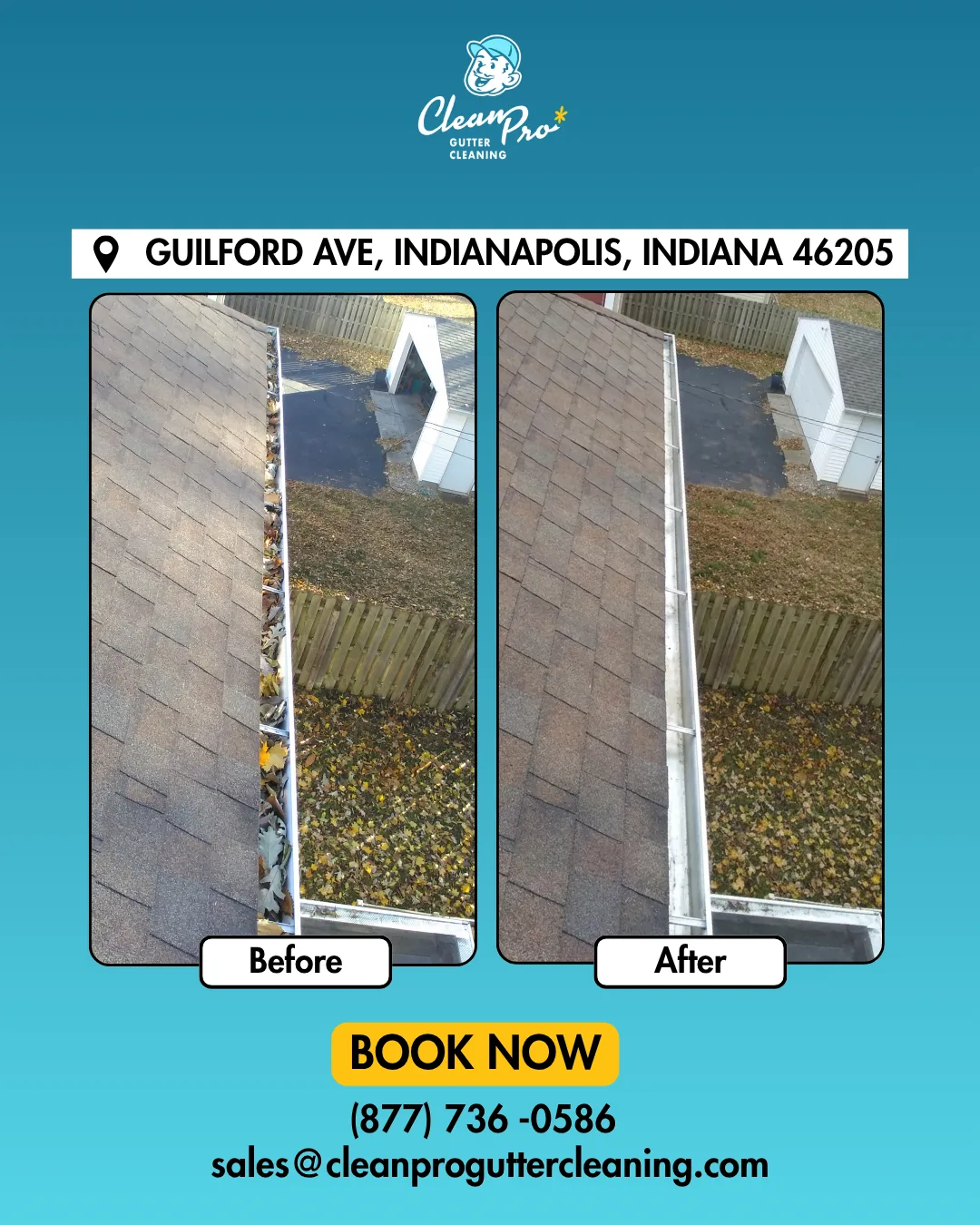 Before and after gutter cleaning on Guilford Ave, Indianapolis, IN