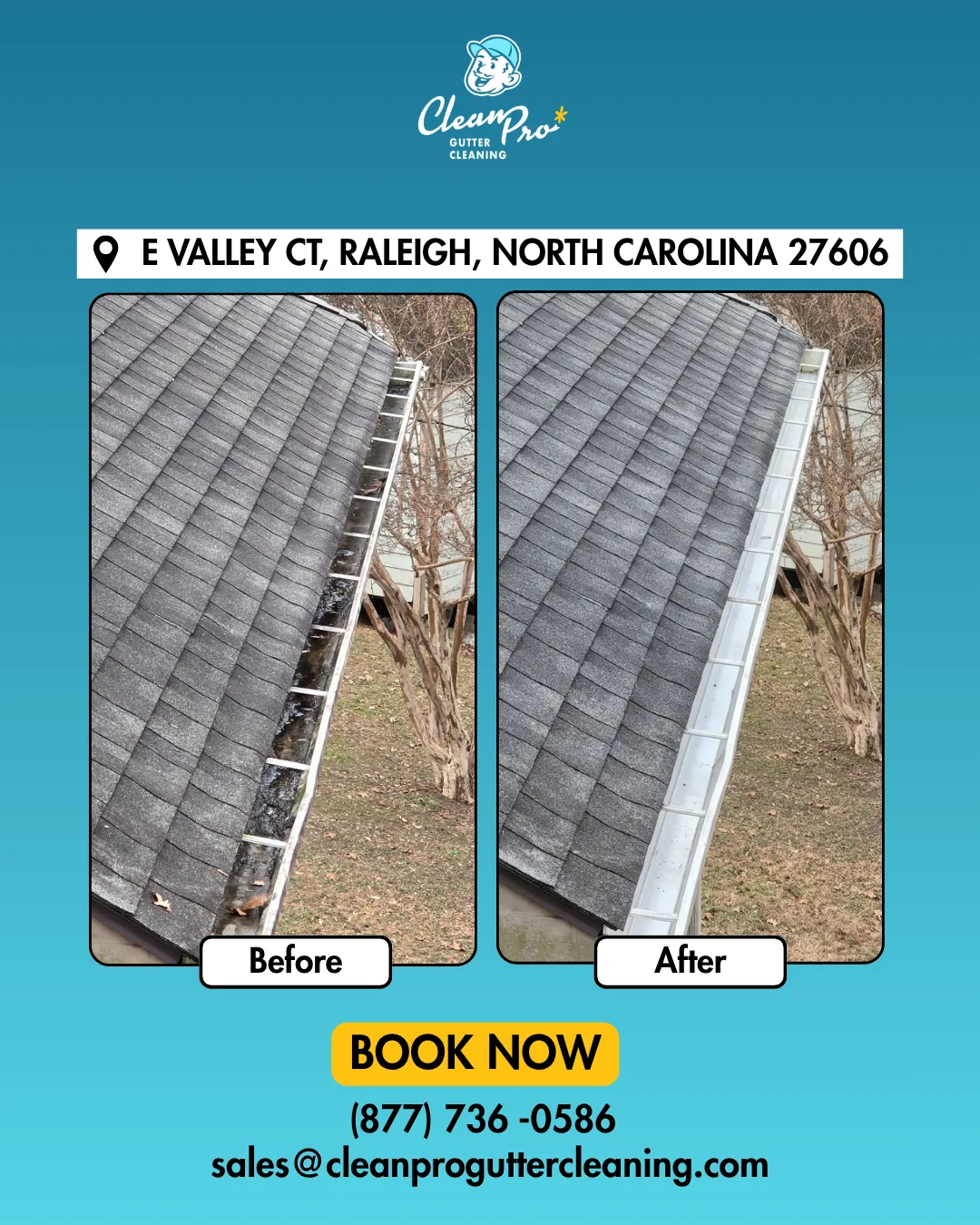 Before and after gutter cleaning on E Valley Ct, Raleigh, NC
