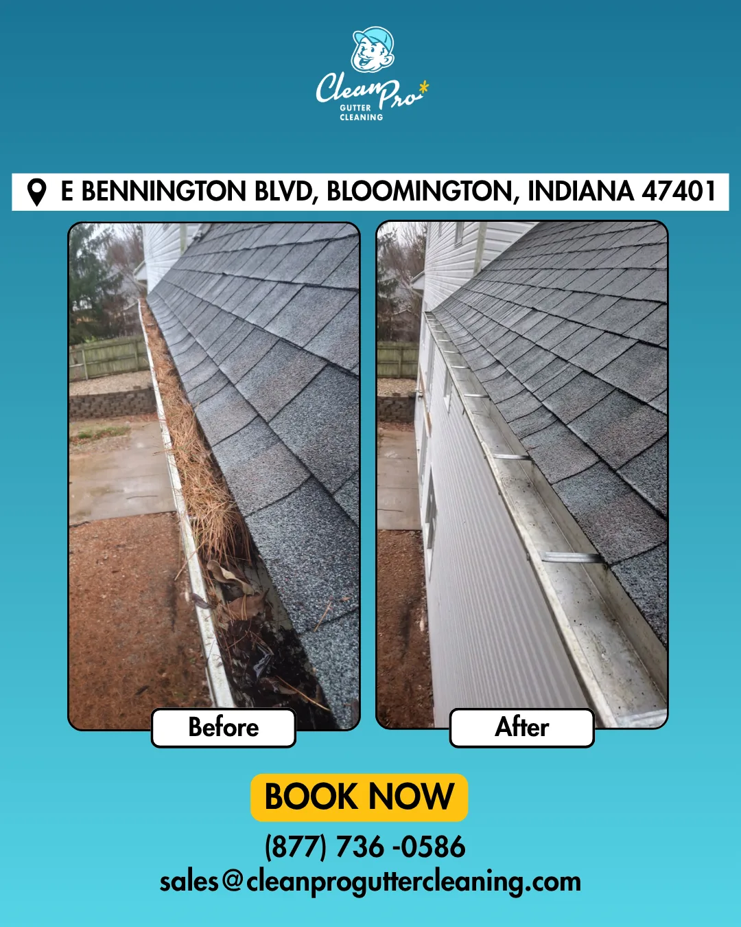 Before and after gutter cleaning on E Bennington Blvd, Bloomington, IN