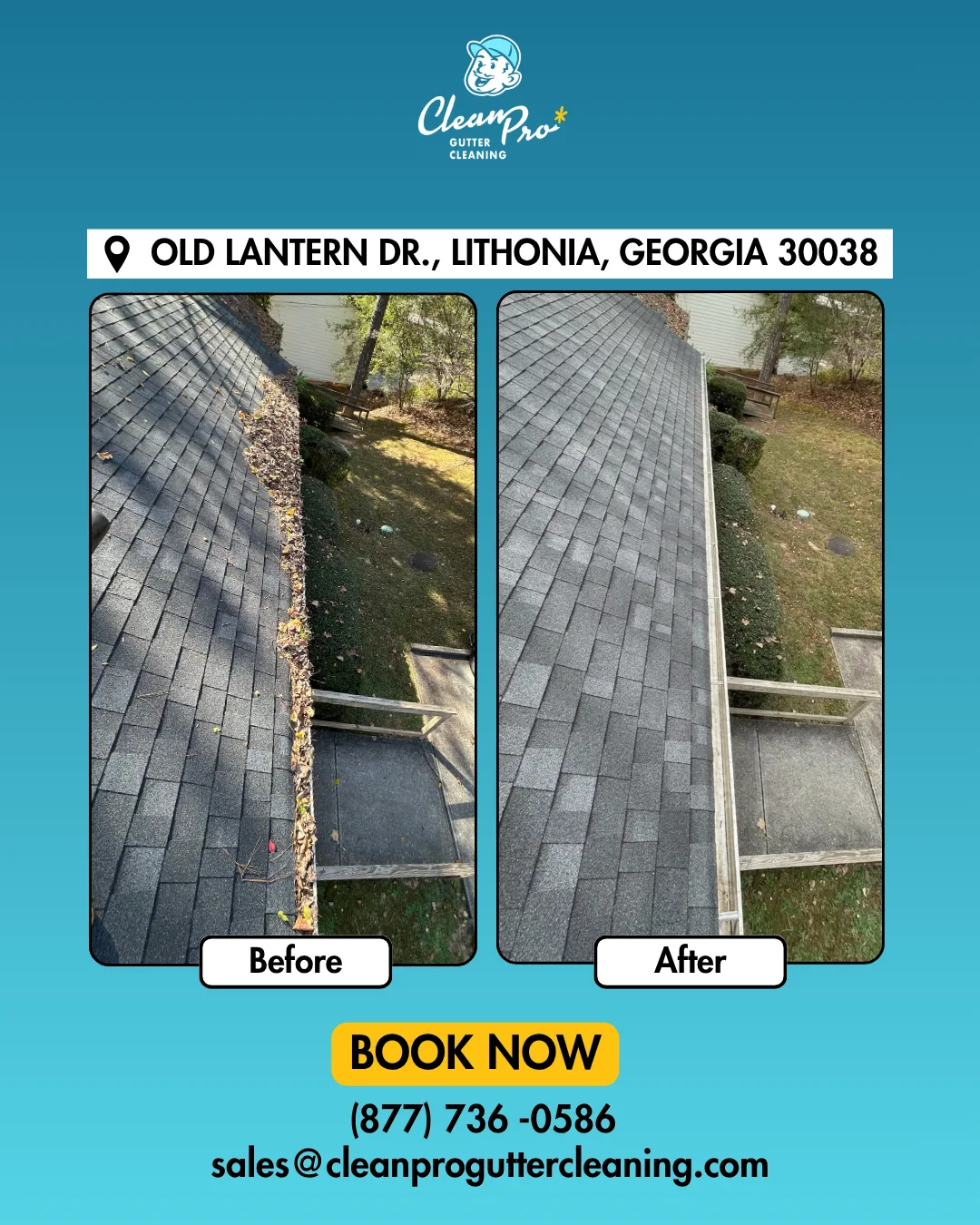 Before and after gutter cleaning on Old Lantern Dr., Lithonia, GA