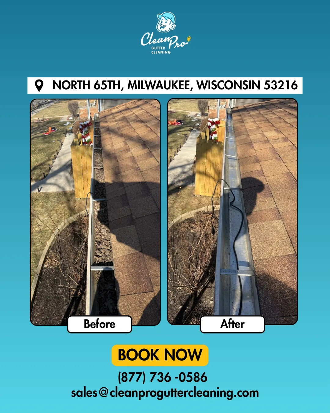 Before and after gutter cleaning on North 65Th, Milwaukee, WI
