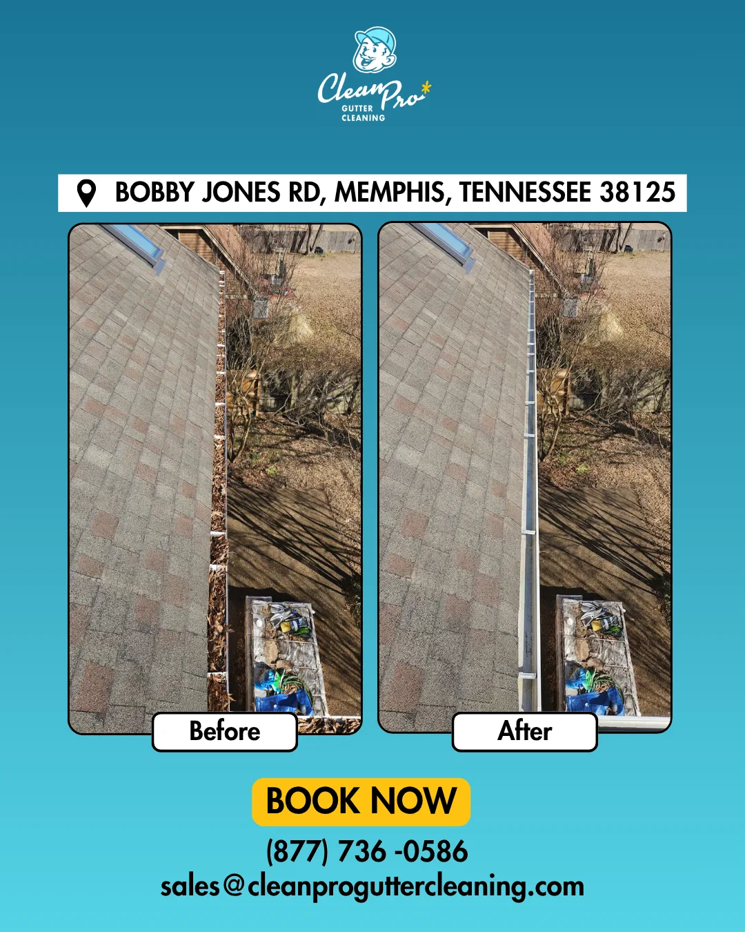 Before and after gutter cleaning on Bobby Jones Rd, Memphis, TN