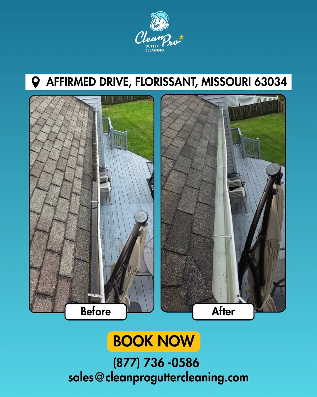Before and after gutter cleaning on Affirmed Drive, Florissant, MO