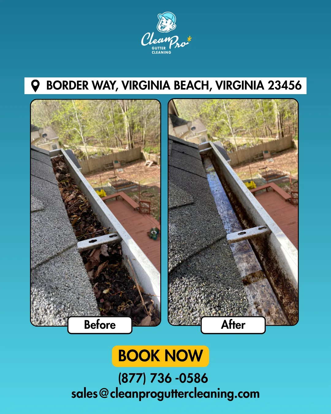 Before and after gutter cleaning on Border Way, Virginia Beach, VA