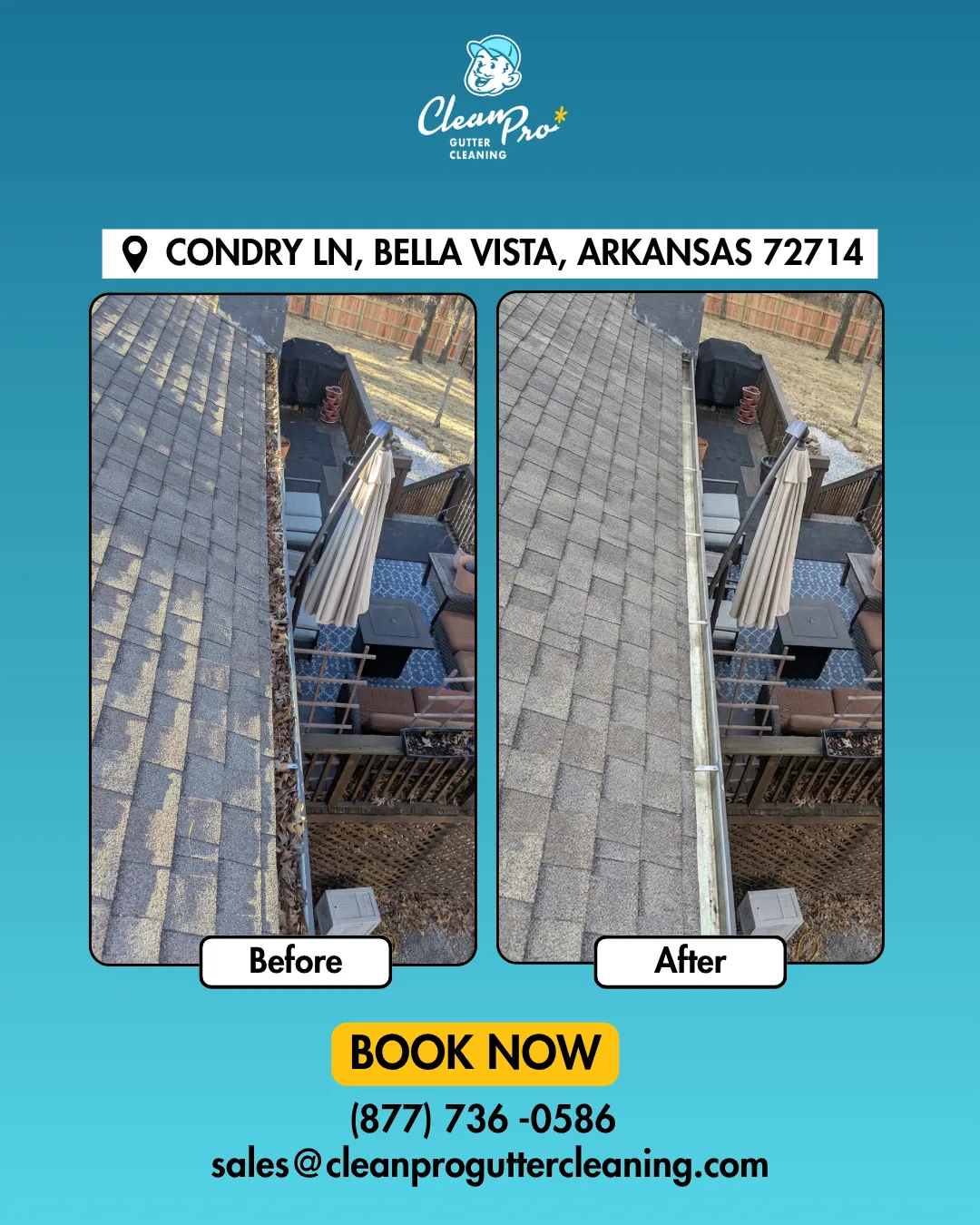 Before and after gutter cleaning on Condry Ln, Bella Vista, AR