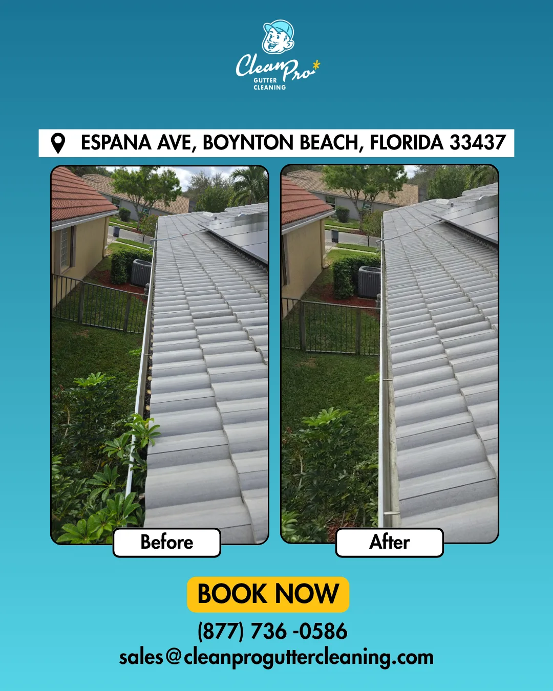 Before and after gutter cleaning on Espana Ave, Boynton Beach, FL