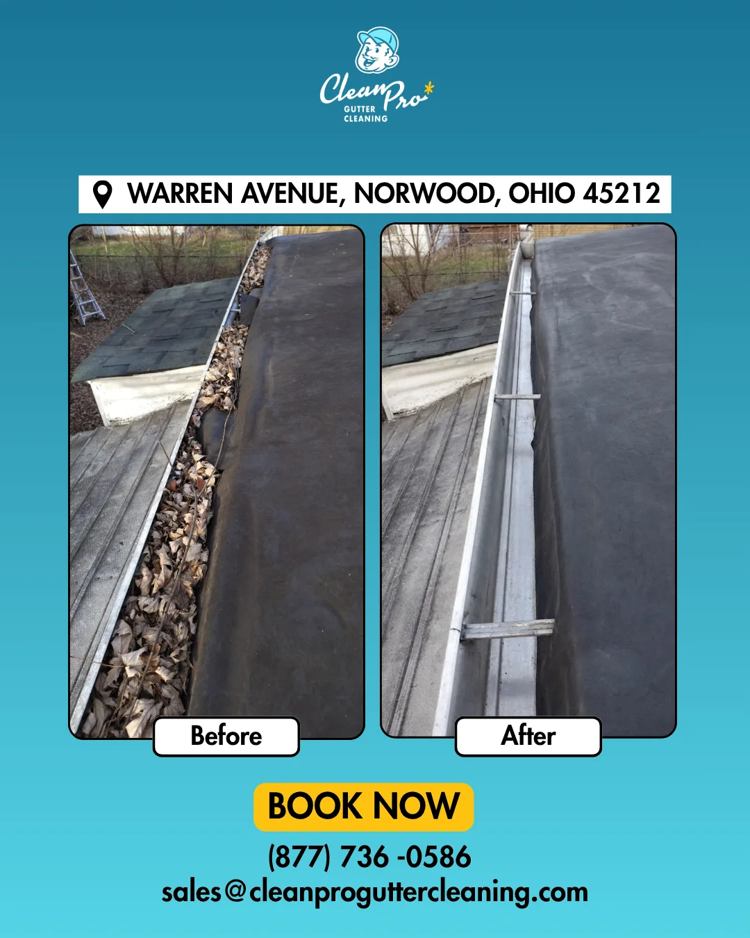 Before and after gutter cleaning on Warren Avenue, Norwood, OH