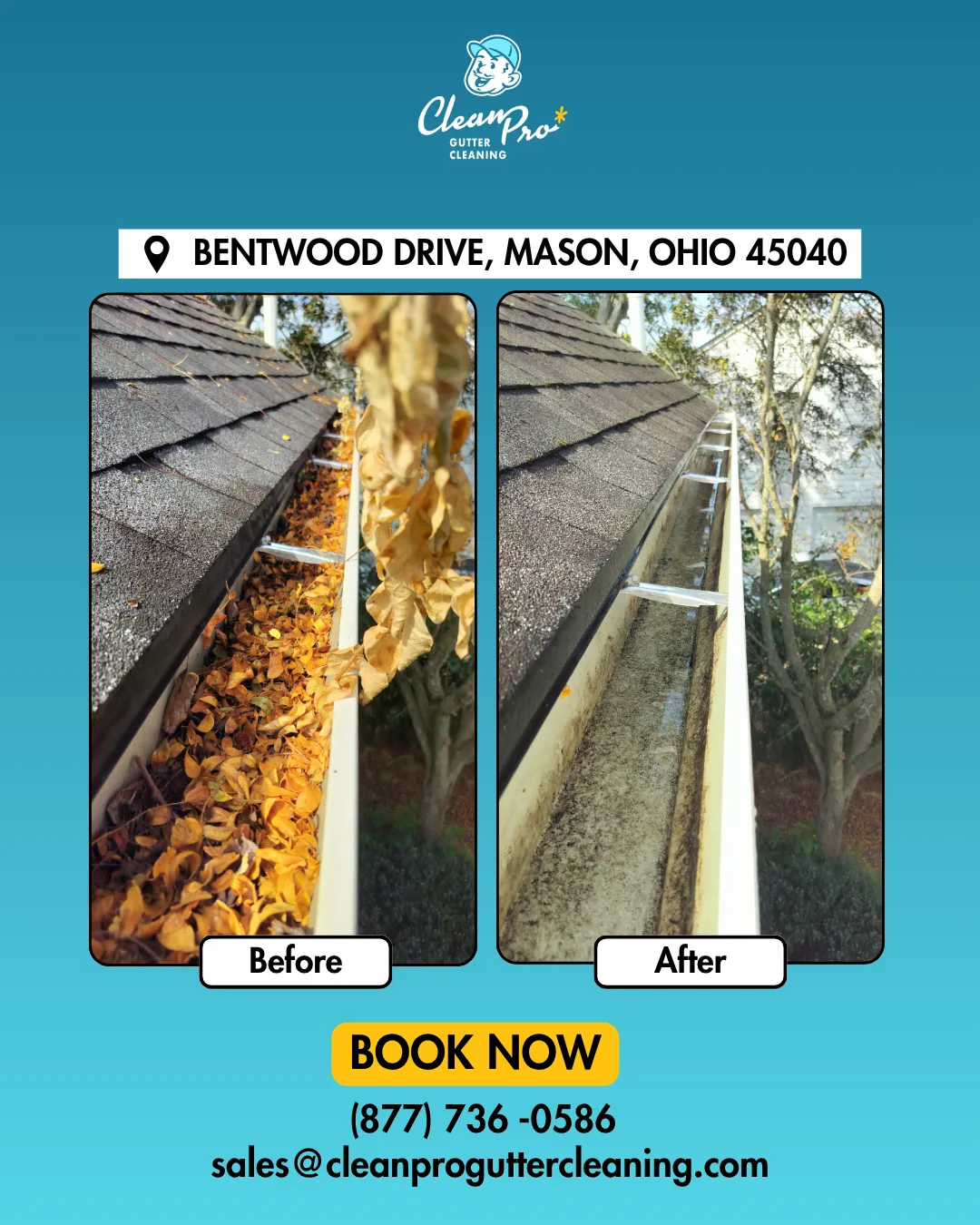 Before and after gutter cleaning on Bentwood Drive, Mason, OH