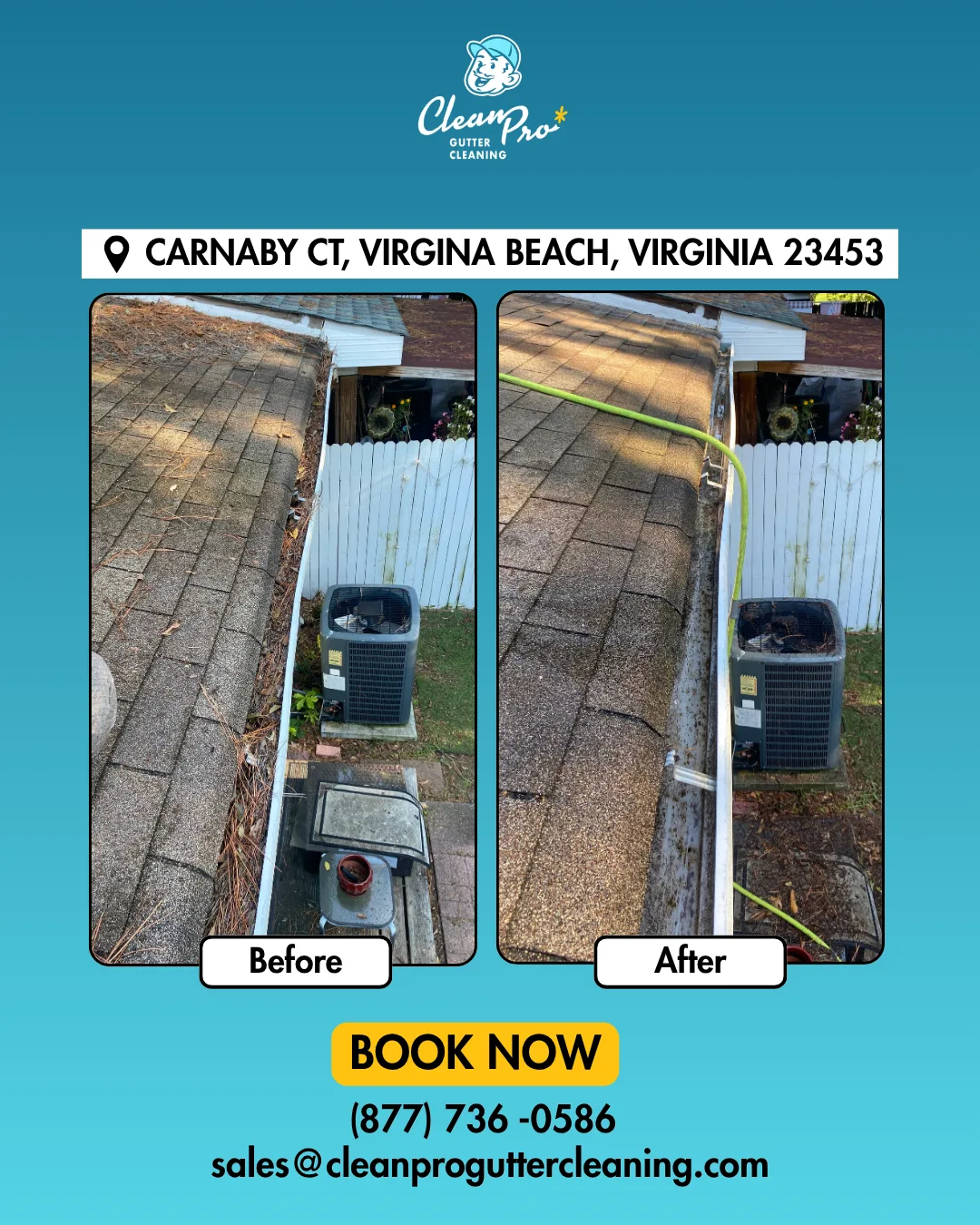 Before and after gutter cleaning on Carnaby Ct, Virginia Beach, VA