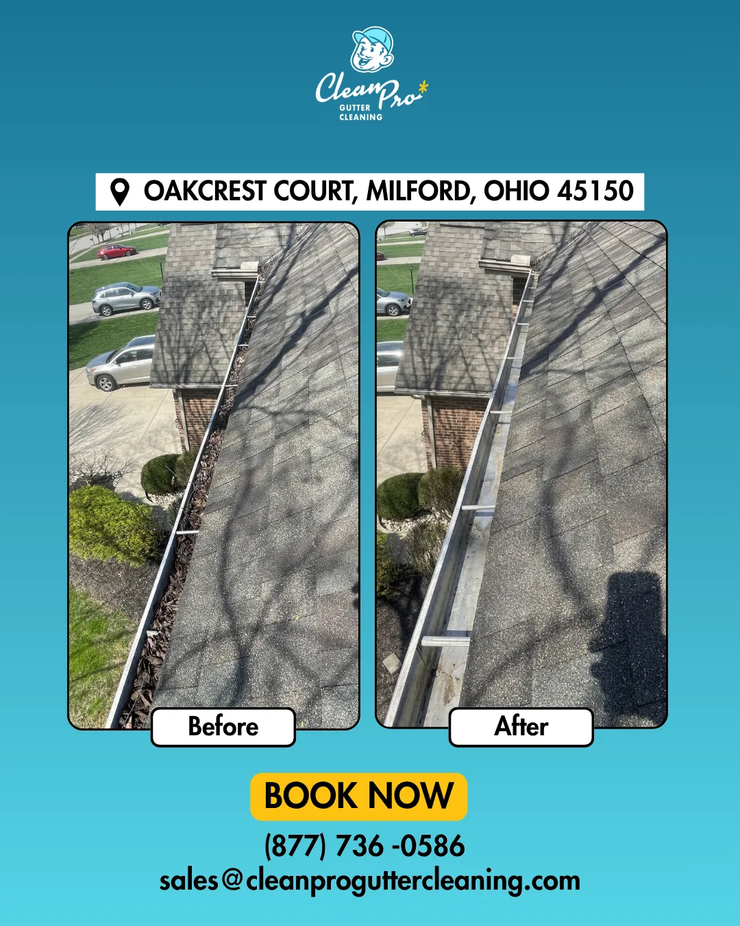 Before and after gutter cleaning on Oakcrest Court, Milford, OH