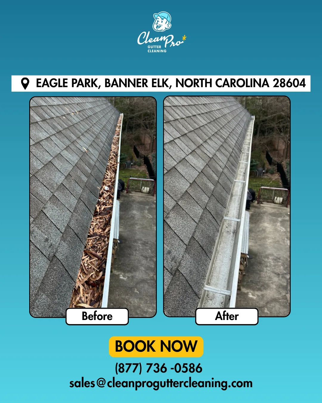 Before and after gutter cleaning on Eagle Park, Banner Elk, NC
